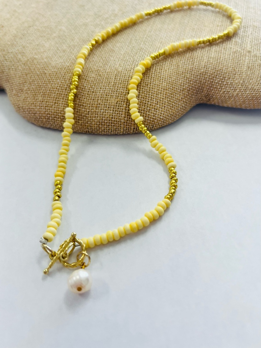 Hand Crafted Yellow and Gold Beaded Necklace with Pearl Drop
